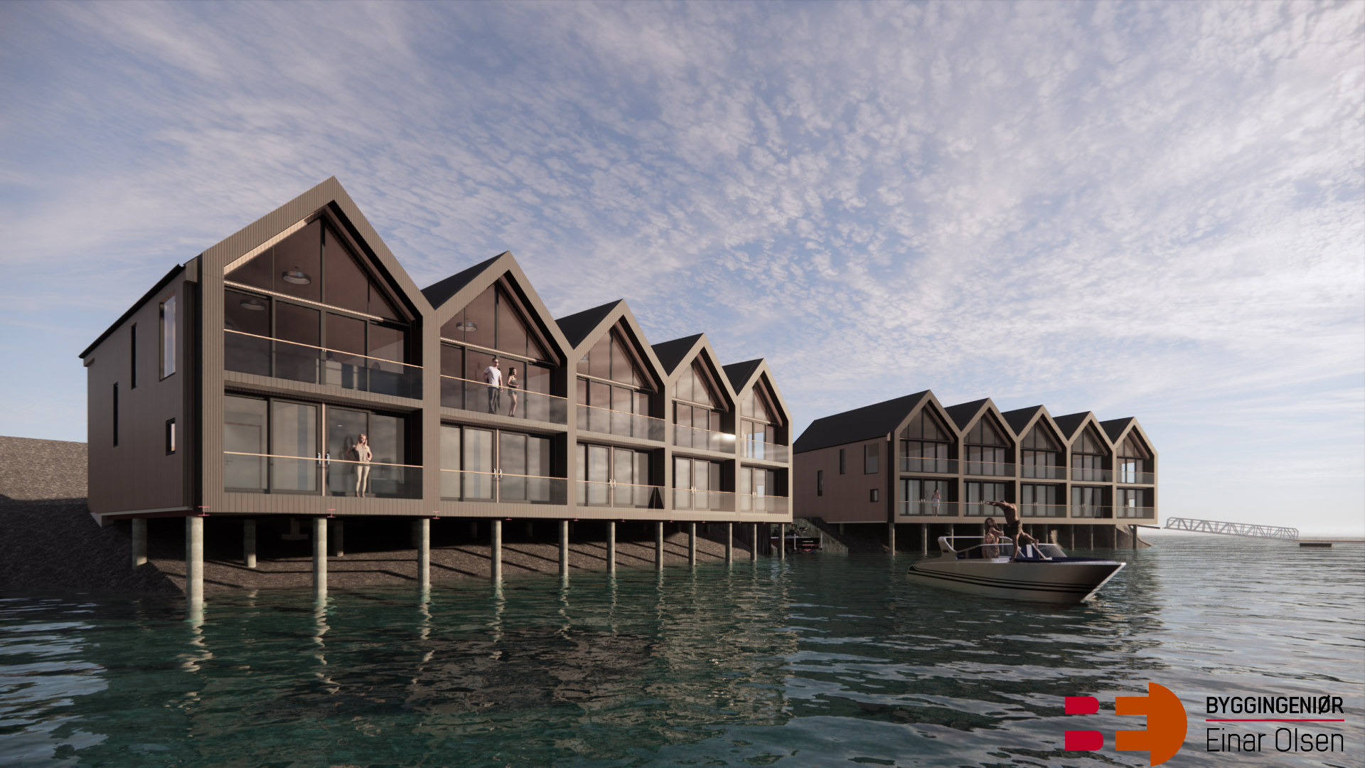 BEO architectural visualisation of waterfront buildings with pitched roofs, large glass façades and balconies by the water