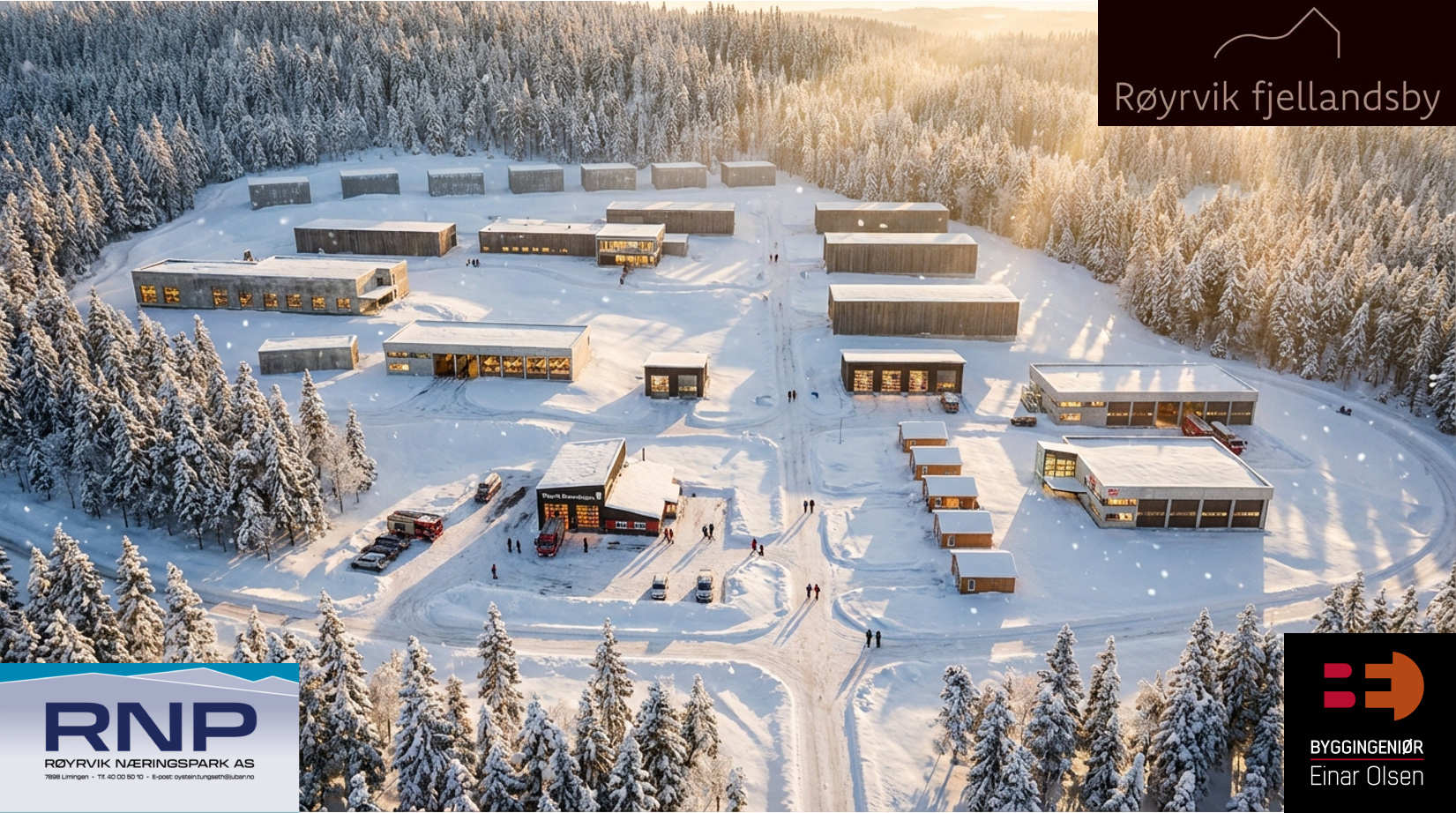 Illustrasjon av Røyrvik fjellandsby med bygg i snødekt skoglandskap